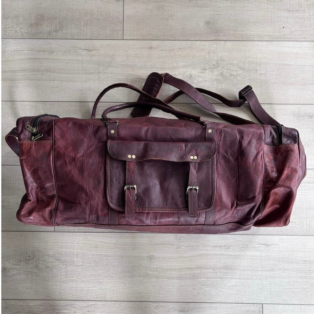 Vintage Goat Leather Brown Burgundy Large Duffle Bag Brass Hardware Travel